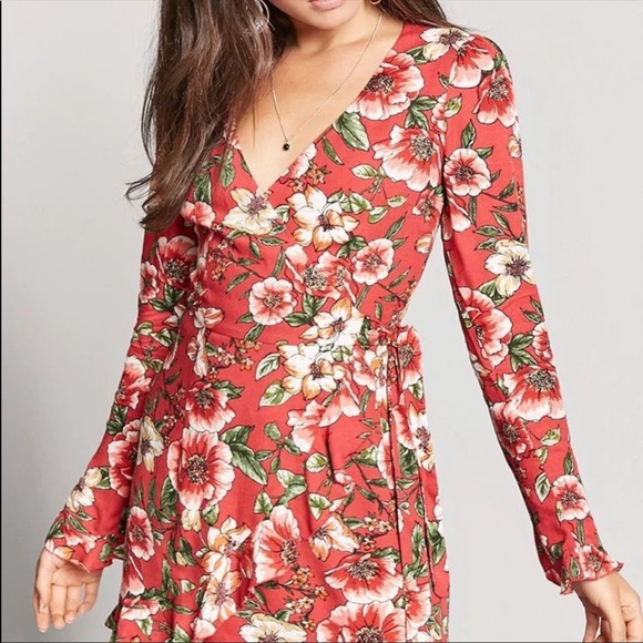 Forever 21 Dresses & Skirts - Red Floral Mini Wrap Dress 1